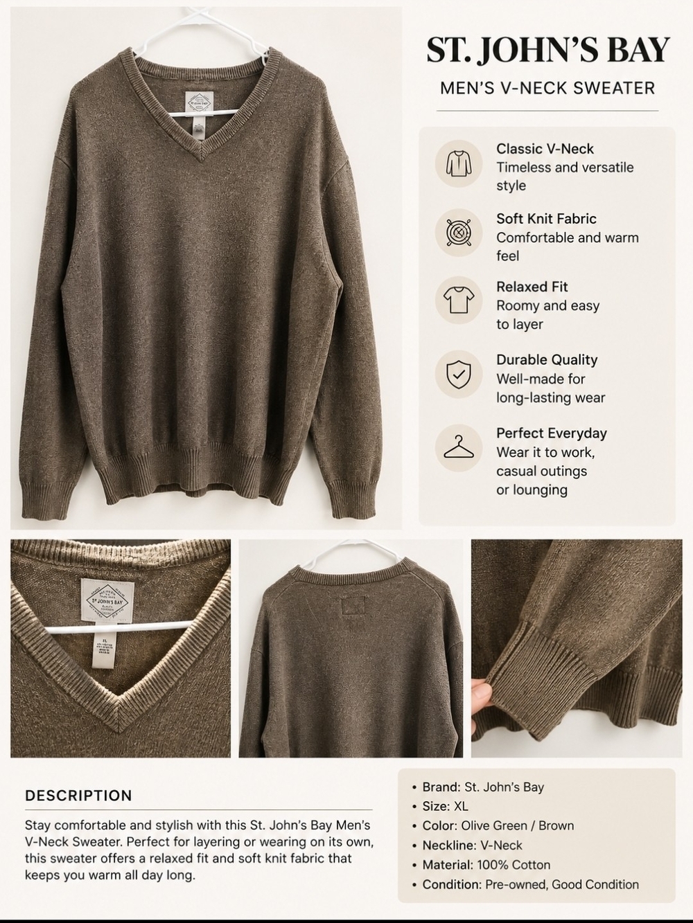St. John's Bay Olive Brown V-Neck Sweater